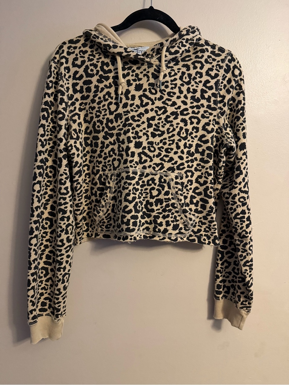 Hollister Cropped Leopard Print Hoodie in Beige and Black